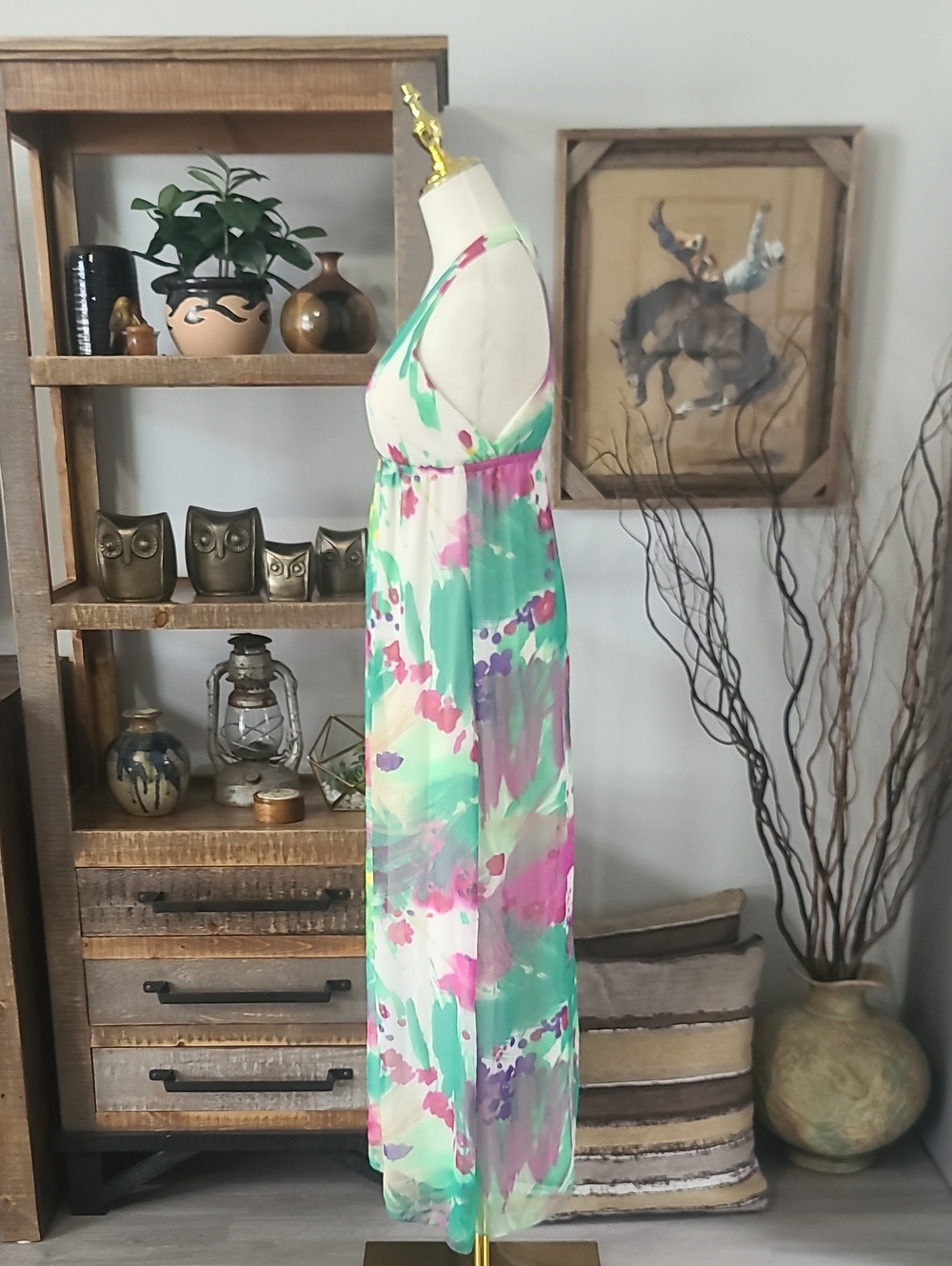 M USA Halter Maxi Dress in Mint & Pink Watercolor Print - Picture 4 of 5